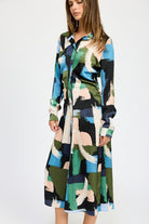 AVAH-Abstract Brushstroke Long Sleeve Shirt Dress-Black Multi