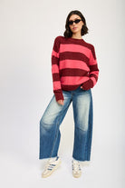 AVAH-Piper Oversized Striped Sweater-Burgundy Stripe