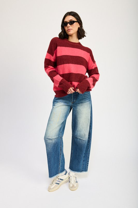 AVAH-Piper Oversized Striped Sweater-Burgundy Stripe