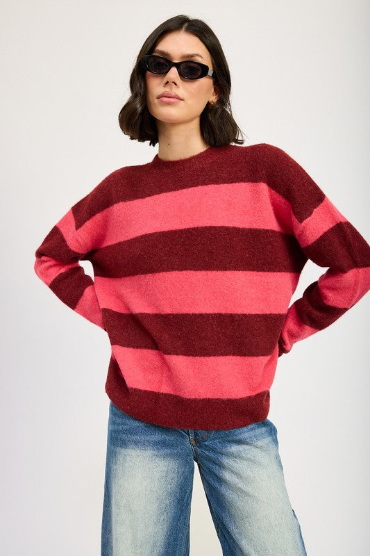 AVAH-Piper Oversized Striped Sweater-Burgundy Stripe