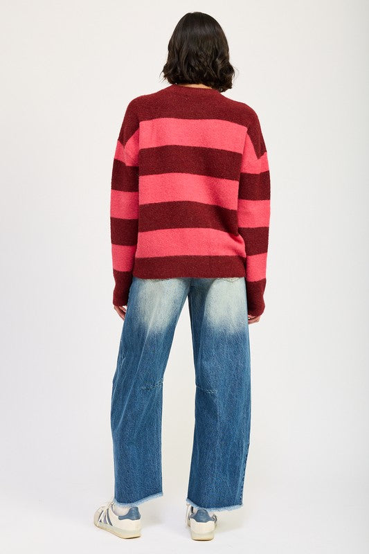 AVAH-Piper Oversized Striped Sweater-Burgundy Stripe