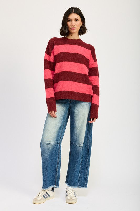 AVAH-Piper Oversized Striped Sweater-Burgundy Stripe