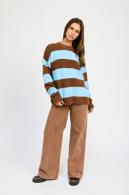 AVAH-Piper Oversized Striped Sweater-Brown and Blue Stripe