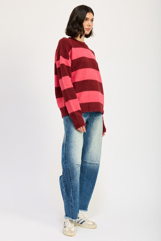 AVAH-Piper Oversized Striped Sweater-Burgundy Stripe