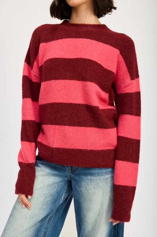 AVAH-Piper Oversized Striped Sweater-Burgundy Stripe