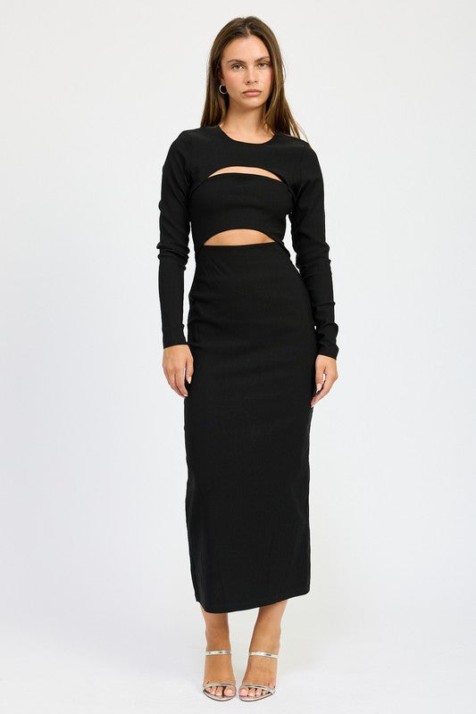 AVAH-Be Bold Black Cutout Long Sleeve Midi Dress