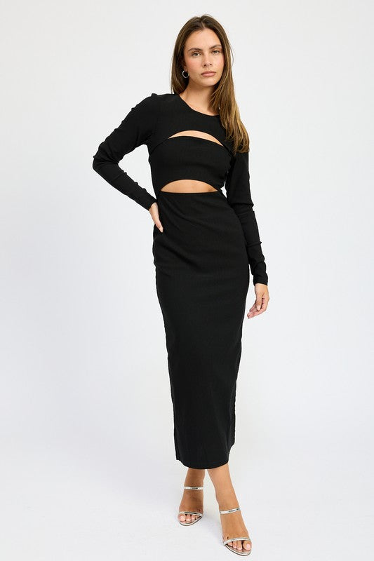 AVAH-Be Bold Black Cutout Long Sleeve Midi Dress