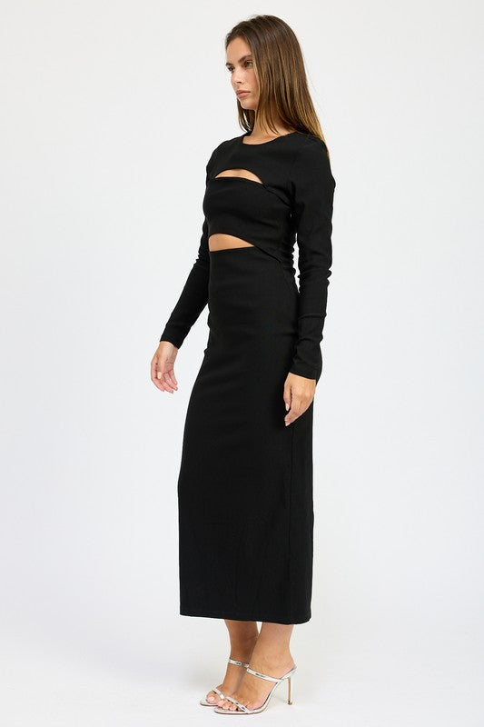 AVAH-Be Bold Black Cutout Long Sleeve Midi Dress