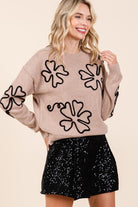 AVAH-Bouquet of Sweetness Floral Knit Sweater-Mocha and Black Floral Embroidered 