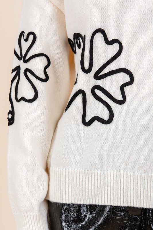 AVAH-Bouquet of Sweetness Floral Knit Sweater-White and Black Floral Embroidered 