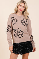 AVAH-Bouquet of Sweetness Floral Knit Sweater-Mocha and Black Floral Embroidered 