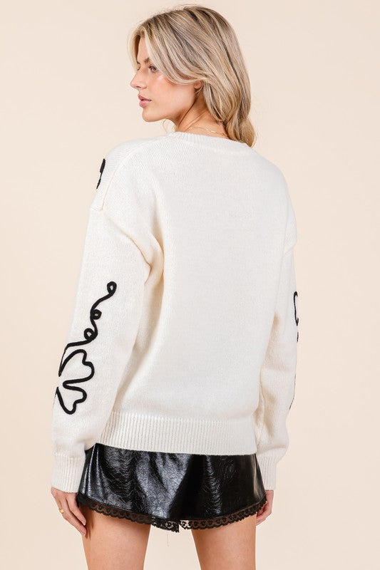 AVAH-Bouquet of Sweetness Floral Knit Sweater-White and Black Floral Embroidered 