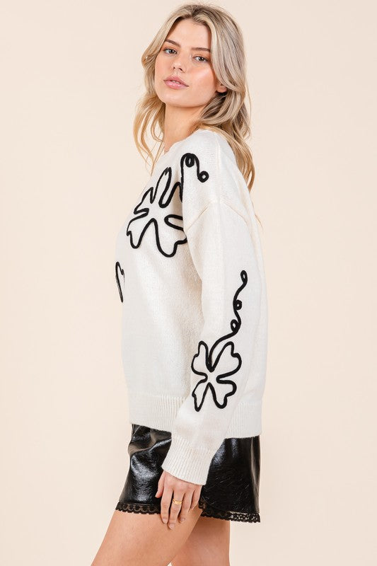 AVAH-Bouquet of Sweetness Floral Knit Sweater-White and Black Floral Embroidered 