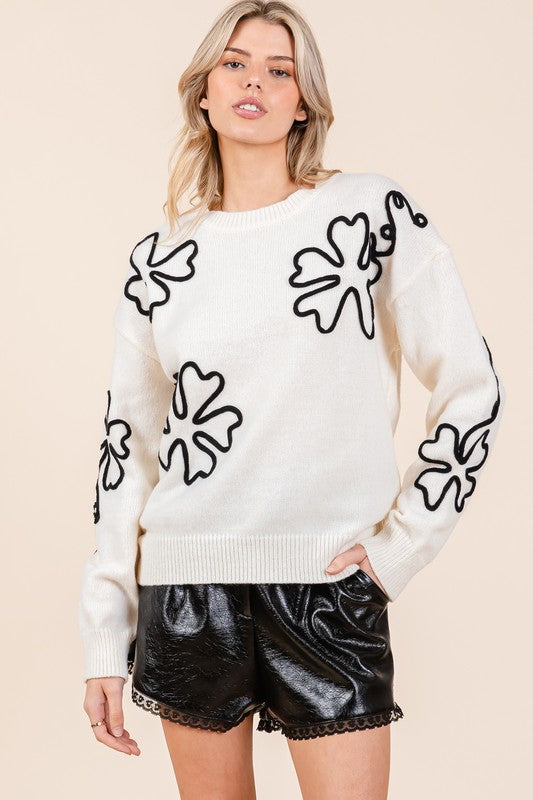 AVAH-Bouquet of Sweetness Floral Knit Sweater-White and Black Floral Embroidered 