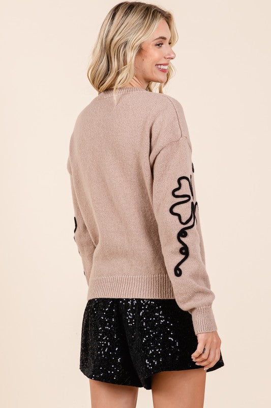 AVAH-Bouquet of Sweetness Floral Knit Sweater-Mocha and Black Floral Embroidered 