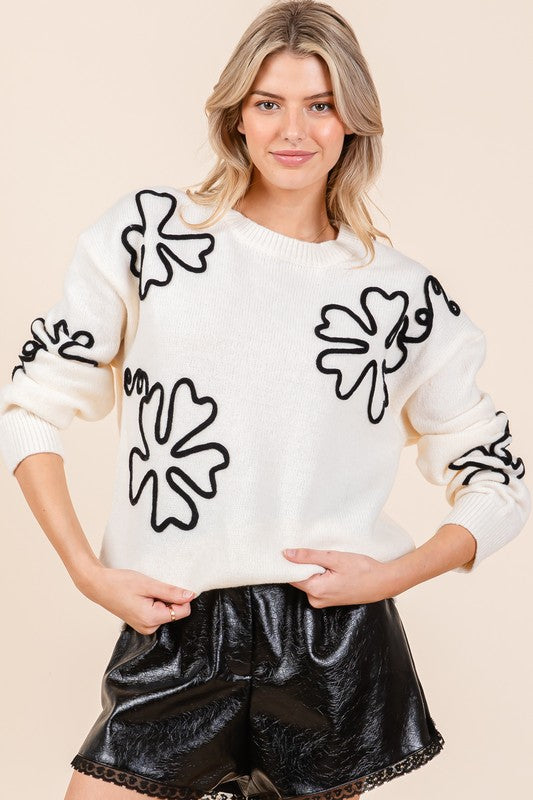 AVAH-Bouquet of Sweetness Floral Knit Sweater-White and Black Floral Embroidered 