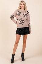 AVAH-Bouquet of Sweetness Floral Knit Sweater-Mocha and Black Floral Embroidered 