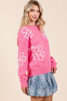 AVAH-Bouquet of Sweetness Floral Knit Sweater-Pink and White Floral Embroidered 