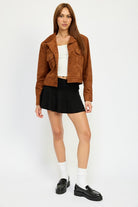 AVAH-Unstoppable Suede Cropped Collared Jacket-Camel Brown