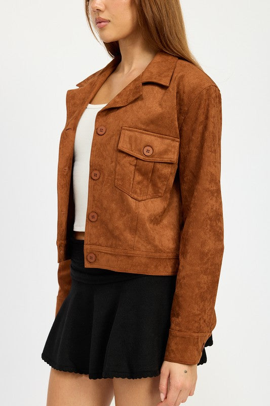 AVAH-Unstoppable Suede Cropped Collared Jacket-Camel Brown