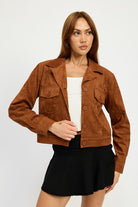 AVAH-Unstoppable Suede Cropped Collared Jacket-Camel Brown