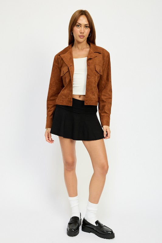 AVAH-Unstoppable Suede Cropped Collared Jacket-Camel Brown