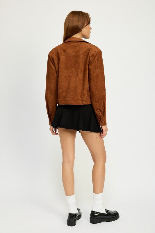 AVAH-Unstoppable Suede Cropped Collared Jacket-Camel Brown