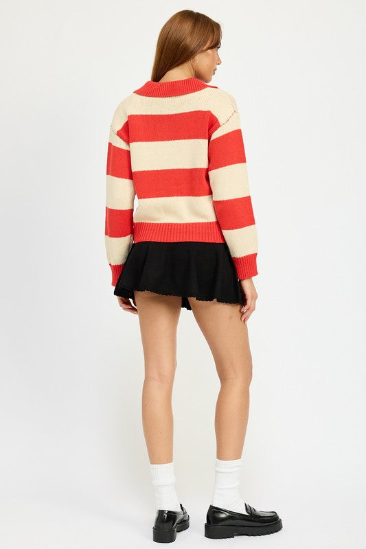 AVAH-Unmatched Essence Red Stripe Collared Pullover Sweater