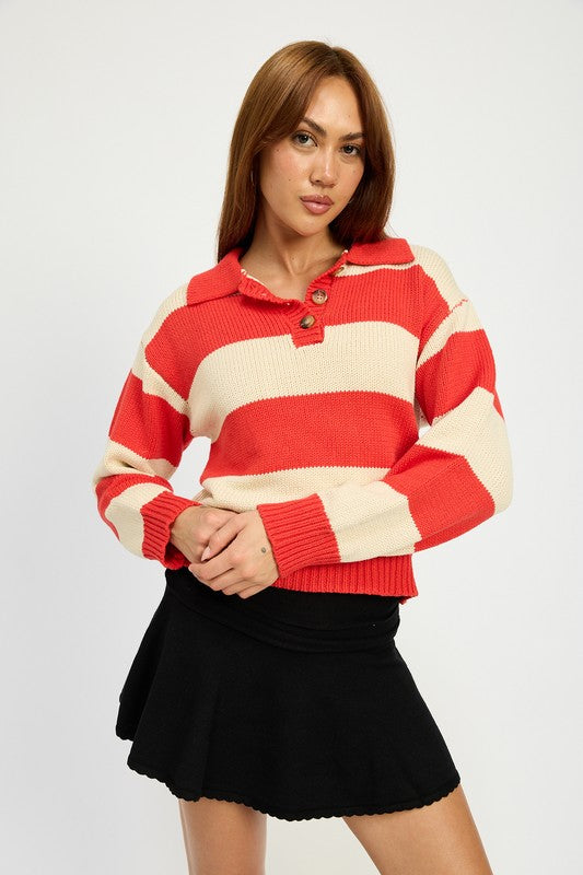 AVAH-Unmatched Essence Red Stripe Collared Pullover Sweater