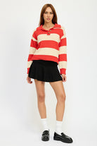 AVAH-Unmatched Essence Red Stripe Collared Pullover Sweater