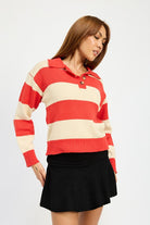 AVAH-Unmatched Essence Red Stripe Collared Pullover Sweater