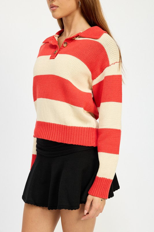 AVAH-Unmatched Essence Red Stripe Collared Pullover Sweater