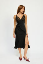 Angled front view of black satin midi dress with lace bodice and flowing skirt.