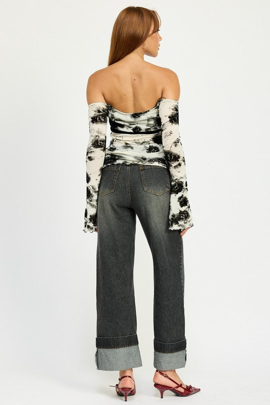 Back view of off-shoulder floral long sleeve mesh top
