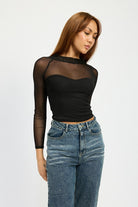 AVAH-Irresistible Glow Sheer Mesh Long Sleeve Ruched Top-Black