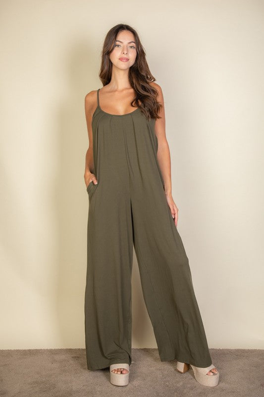 Olive green wide leg jumpsuit front view relaxed fit
