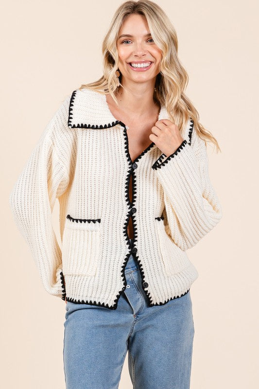 AVAH-Purely Polished Wide Collar Neck Cardigan Sweater-Ivory