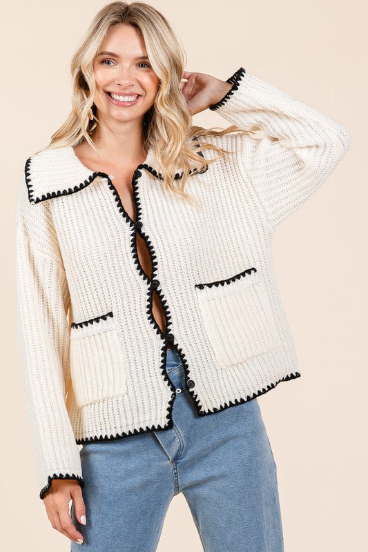 AVAH-Purely Polished Wide Collar Neck Cardigan Sweater-Ivory