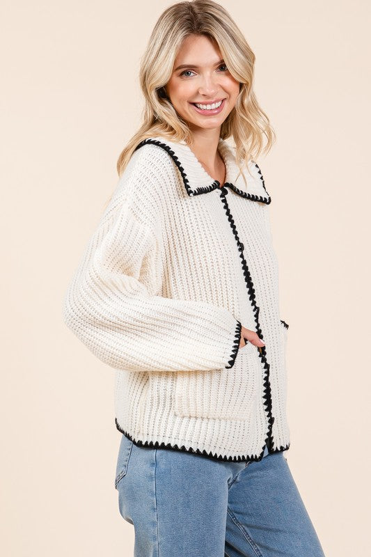 AVAH-Purely Polished Wide Collar Neck Cardigan Sweater-Ivory