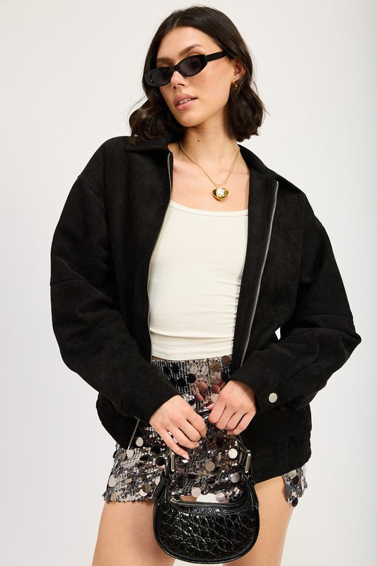 AVAH-Positive Vibes Black Suede Bomber Jacket