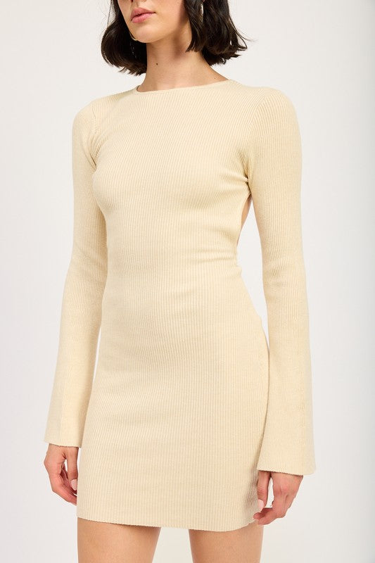 AVAH-Style Icon Bell Sleeve Mini Dress with Open Back-Ivory