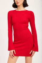 AVAH-Style Icon Bell Sleeve Mini Dress with Open Back-Cherry Red