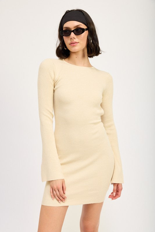 AVAH-Style Icon Bell Sleeve Mini Dress with Open Back-Ivory