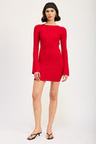 AVAH-Style Icon Bell Sleeve Mini Dress with Open Back-Cherry Red