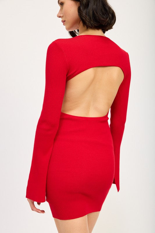 AVAH-Style Icon Bell Sleeve Mini Dress with Open Back-Cherry Red