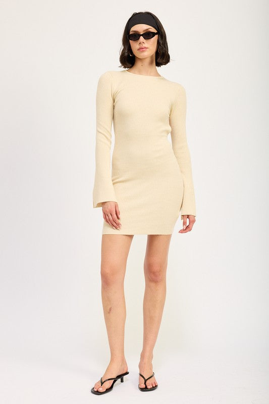 AVAH-Style Icon Bell Sleeve Mini Dress with Open Back-Ivory