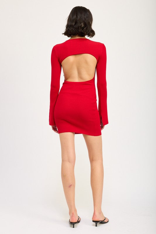 AVAH-Style Icon Bell Sleeve Mini Dress with Open Back-Cherry Red