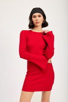 AVAH-Style Icon Bell Sleeve Mini Dress with Open Back-Cherry Red