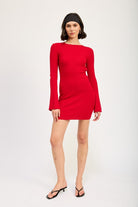 AVAH-Style Icon Bell Sleeve Mini Dress with Open Back-Cherry Red