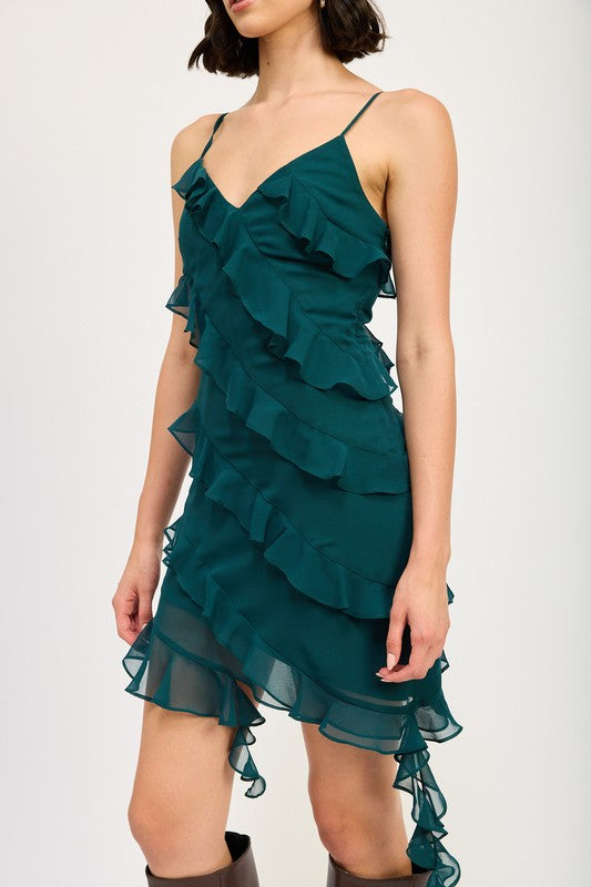 Close-up front view of emerald green sleeveless ruffle mini dress with a flirty hem